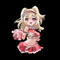 Rule 34 | 1girl, @ @, black background, blonde hair, blush, breasts, clay (nikke), crop top, fang, goddess of victory: nikke, hair intakes, hair ornament, hairclip, holding, konatae, large breasts, long hair, midriff, navel, open mouth, pink eyes, pixel art, red shirt, red skirt, shirt, simple background, skirt, solo, twintails, two-tone shirt, two-tone skirt, underboob, visor cap, white skirt