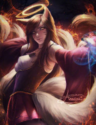 Rule 34 | 1girl, ahri (league of legends), animal ears, axsen, bead necklace, beads, breasts, brown hair, eyeliner, facial mark, fire, foreshortening, fox ears, fox girl, fox tail, from side, halo, jewelry, league of legends, lips, makeup, medium breasts, multiple tails, nail polish, necklace, signature, slit pupils, solo, tail, underbust, watermark, web address, whisker markings, wide sleeves, yellow eyes