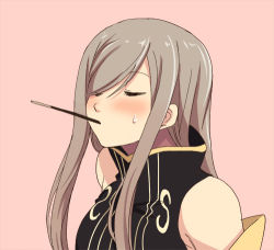 Rule 34 | 1girl, blush, breasts, brown hair, commentary request, food, hair over one eye, hyakuen raitaa, long hair, lowres, pocky, simple background, solo, sweatdrop, tales of (series), tales of the abyss, tear grants
