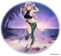 Rule 34 | 1girl, arm up, beach, blonde hair, braid, breasts, company name, copyright notice, cup, drinking glass, earrings, eyewear on head, flower, glasses, hair between eyes, hand up, holding, holding cup, jewelry, leg up, long hair, looking at viewer, medium breasts, nail polish, navel, nijisanji, nui sociere, official art, open mouth, sample watermark, sandals, solo, standing, standing on one leg, stomach, swimsuit, toeless footwear, virtual youtuber, vivi (eve no hakoniwa), water, watermark, wine glass, yellow eyes
