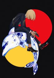 Rule 34 | 1boy, artist name, black background, black footwear, black jacket, black pants, blonde hair, bob cut, circle, colored shoe soles, commentary, covered face, depressed, dolphin, english commentary, finger on trigger, formal, from side, full body, gun, hair over face, handgun, highres, holding, holding gun, holding weapon, hunter x hunter, jacket, jewelry, kurapika, long sleeves, male focus, pants, pimientosdulces, pottery, ring, shoes, short hair, sitting, solo, suit, toy, weapon