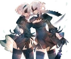 Rule 34 | 2girls, asymmetrical bangs, black dress, blindfold, braid, breasts, cleavage, cleavage cutout, clothing cutout, crossover, dress, dual wielding, flower, gloves, hair flower, hair ornament, hairband, highres, holding, holding sword, holding weapon, in-franchise crossover, kaine (nier), mayutsuba mono, multiple girls, nier:automata, nier (series), sword, thighhighs, time paradox, weapon, 2b (nier:automata)