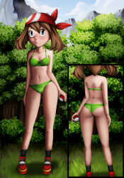 Rule 34 | 1girl, absurdres, ass, back, bandana, bikini, black socks, blue eyes, breasts, brown hair, cameltoe, cleft of venus, closed mouth, cloud, collarbone, creatures (company), female focus, from behind, full body, g reaper, game freak, gluteal fold, grass, green bikini, highres, holding, holding poke ball, may (pokemon), mountain, multiple views, navel, nintendo, outdoors, poke ball, poke ball (basic), pokemon, pokemon rse, red bandana, red footwear, shoulder blades, sky, small breasts, socks, solo, standing, swimsuit, thighs, tree