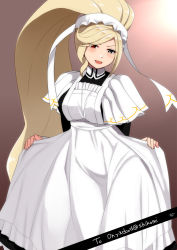 Rule 34 | 1girl, alternate costume, apron, blonde hair, blush, bonnet, capelet, commentary request, curtsey, english text, enmaided, grey eyes, head tilt, heterochromia, high ponytail, hilda (under night in-birth), long hair, looking at viewer, maid, maid apron, open mouth, red eyes, voice actor connection, solo, suzuna (najaran), under night in-birth, very long hair