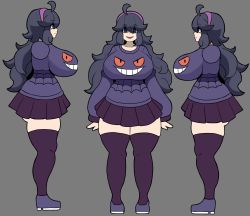 Rule 34 | 1girl, absurdres, ass, black hair, blue eyes, breasts, creatures (company), curvy, full body, game freak, gen 1 pokemon, gengar, gothic taco, grey background, hairband, hex maniac (pokemon), highres, huge breasts, long hair, long sleeves, looking at viewer, messy hair, nintendo, pokemon, pokemon (creature), pokemon xy, profile, purple legwear, shoes, simple background, skirt, smile, standing, thick thighs, thighs, wide hips