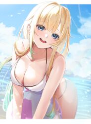 Rule 34 | 1girl, absurdres, aizawa ema, ball, beach, beachball, bikini, blonde hair, blue eyes, blunt bangs, blush, breasts, cloud, collarbone, commentary request, contrail, day, gradient hair, green hair, head tilt, highres, holding, holding ball, horo 27, large breasts, long hair, looking at viewer, multicolored hair, ocean, open mouth, outdoors, sky, smile, solo, string bikini, summer, swimsuit, teeth, upper teeth only, v arms, very long hair, virtual youtuber, vspo!, white bikini