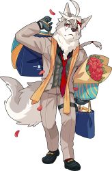 Rule 34 | 1boy, ahoge, animal ear fluff, animal ears, animal nose, aqua footwear, aqua gloves, aqua shirt, arm up, artist request, bag, body fur, bouquet, braid, braided ponytail, brown jacket, brown pants, buttons, candy, closed mouth, collared shirt, flower, food, formal, full body, furry, furry male, gift, gloves, green shirt, grey fur, hair ornament, hair tie, heel up, highres, holding, holding bag, jacket, klaus (world flipper), long hair, long sleeves, looking to the side, loose necktie, male focus, necktie, non-web source, official art, open clothes, open jacket, pants, petals, pocket, pouch, red eyes, red flower, red necktie, red rose, red socks, rose, shirt, shoes, shopping bag, simple background, single braid, snout, socks, solo, standing, suit, tail, thigh pouch, thigh strap, transparent background, two-tone fur, white fur, white hair, wolf boy, wolf ears, wolf tail, world flipper, x hair ornament
