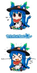 Rule 34 | &gt; &lt;, 1girl, animal ears, blush stickers, byourou, cat ears, cat tail, chibi, deformed, eating, closed eyes, fang, food, fruit, hat, hinanawi tenshi, long hair, peach, solo, tail, touhou, watermelon, white background