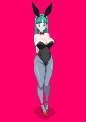 Rule 34 | 1girl, animal ears, aqua hair, arms behind back, black leotard, blue eyes, blue pantyhose, bow, bowtie, breasts, bulma, cleavage, commentary request, detached collar, dragon ball, dragon ball (classic), gradient background, highres, ika daishougun, large breasts, leotard, long hair, pantyhose, playboy bunny, rabbit ears, red background, red bow, red bowtie, red shorts, shorts, solo, strapless, strapless leotard