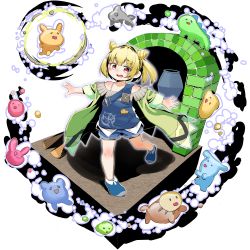 Rule 34 | 1girl, absurdres, blonde hair, coat, commentary, cone hair bun, creature, duel monster, full body, furnace, green coat, hair bun, highres, log, outstretched arms, overalls, pants, pottery, red eyes, short hair, smile, standing, strapless, tomiyama mishiro, witchcrafter potterie, yu-gi-oh!