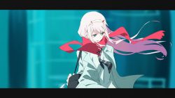 Rule 34 | 10s, 1girl, bag, black necktie, blue eyes, blurry, blurry background, commentary request, darling in the franxx, depth of field, enpera, grey jacket, hairband, horns, jacket, letterboxed, long hair, necktie, parted lips, pink hair, red scarf, scarf, shirt, shoulder bag, solo, tomato (lsj44867), white shirt, zero two (darling in the franxx)