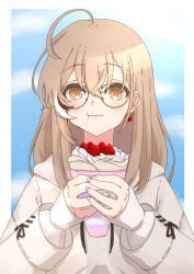 Rule 34 | 1girl, absurdres, ahoge, berry, brown eyes, brown hair, brown hoodie, cloud, cloudy sky, crossed bangs, earrings, eating, food, food-themed earrings, glasses, highres, holding, holding food, hololive, hololive english, hood, hoodie, jewelry, long hair, multicolored hair, nail art, nanashi mumei, nanashi mumei (casual), official alternate costume, oversized clothes, parfait, round eyewear, sayo0692, sky, sleeves past wrists, streaked hair, sweater, virtual youtuber, white sweater