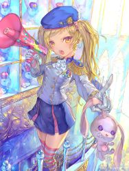 Rule 34 | 1girl, badge, beret, blonde hair, bow, breasts, buttons, child, cowboy shot, epaulettes, gloves, hat, highres, holding, holding stuffed toy, index finger raised, jacket, legs together, long hair, looking at viewer, megaphone, military, military jacket, military uniform, open mouth, original, ozma, skirt, small breasts, solo, striped bow, striped clothes, striped thighhighs, stuffed animal, stuffed rabbit, stuffed toy, thighhighs, toy, twintails, uniform, white gloves, yellow eyes