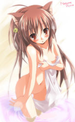 Rule 34 | ahoge, animal ears, bad id, bell, blush, brown hair, cat ears, completely nude, flat chest, little busters!, long hair, natsume rin, nekogoro, nipples, nude, open mouth, red eyes, solo, towel, water