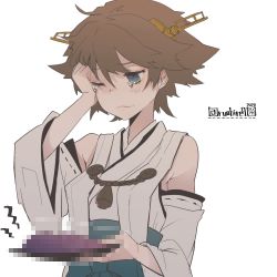 Rule 34 | 1girl, blue eyes, breasts, brown hair, censored, censored food, closed mouth, crying, dated, detached sleeves, headgear, hiei (kancolle), highres, holding, japanese clothes, kantai collection, nontraditional miko, one-hour drawing challenge, one eye closed, ribbon-trimmed sleeves, ribbon trim, rubbing eyes, ruohire9, short hair, simple background, solo, tears, twitter username, white background