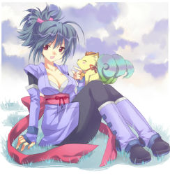 Rule 34 | 00s, 1girl, animal, black hair, breasts, brown eyes, cleavage, collarbone, corrine, creature, fujibayashi sheena, grass, large breasts, long hair, looking at viewer, multiple tails, namanama, nature, open mouth, ponytail, sitting, solo, tail, tales of (series), tales of symphonia