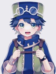 1boy androgynous blue_hair bracelet colored_eyelashes dark_blue_hair eyewear_on_head fire_emblem fire_emblem_engage hat holding_strap jean_(fire_emblem) jewelry lower_teeth_only nintendo open_mouth pale_skin simple_background smile teeth thick_eyelashes waffuum watch white_background wristwatch