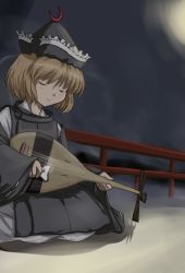 Rule 34 | 1girl, blonde hair, closed eyes, female focus, flx, hat, instrument, japanese clothes, kneeling, lunasa prismriver, night, outdoors, short hair, sky, solo, touhou