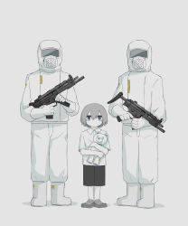 Rule 34 | 1boy, 2others, absurdres, ambiguous gender, assault rifle, avogado6, black shorts, blue eyes, child, collared shirt, colored skin, commentary, grey footwear, grey hair, gun, hazmat suit, highres, holding, holding gun, holding stuffed toy, holding weapon, looking at viewer, medium hair, multiple others, no mouth, original, pale skin, rifle, shirt, shoes, short sleeves, shorts, simple background, stuffed animal, stuffed toy, teddy bear, weapon, white background, white shirt, white skin, wing collar