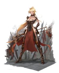 Rule 34 | 1girl, abs, arm behind back, arm tattoo, blonde hair, breasts, chest tattoo, full body, girls&#039; frontline, girls&#039; frontline neural cloud, hand on own hip, jewelry, leg tattoo, long hair, mechanical arms, mechanical legs, medallion, medium breasts, necklace, orange eyes, ponytail, prosthesis, prosthetic arm, sol (neural cloud), solo, standing, sword, tattoo, thatob, weapon, weapon on back, white background
