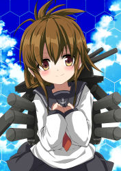 Rule 34 | 10s, 1girl, anchor symbol, brown eyes, brown hair, folded ponytail, inazuma (kancolle), kantai collection, looking at viewer, machinery, noa (nagareboshi), own hands together, school uniform, serafuku, smile, solo, upper body