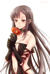 Rule 34 | 1girl, arm strap, bare shoulders, black dress, black gloves, blush, breasts, brown eyes, brown hair, center opening, choker, cleavage, collarbone, dress, earrings, elbow gloves, fate/grand order, fate (series), flower, gloves, holding, holding flower, jewelry, long hair, medium breasts, multiple earrings, navel, ribbon-trimmed dress, seeds328, smile, solo, very long hair, yu mei-ren (fate)