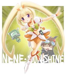 Rule 34 | 1boy, 1girl, amano nene (digimon xros wars), bad id, bad pixiv id, blonde hair, boots, bow, brooch, chicago-x, cosplay, crossdressing, cure sunshine, cure sunshine (cosplay), dark precure, dark precure (cosplay), digimon, digimon xros wars, flower, goggles, goggles on head, hair ribbon, heart, heart brooch, heartcatch precure!, jewelry, knee boots, kudou taiki, kuwashima houko, long hair, magical girl, midriff, monitamon, navel, orange skirt, parody, precure, purple eyes, ribbon, running, skirt, twintails, very long hair, voice actor connection, wrist cuffs, yellow background, yellow bow, yellow theme