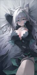 Rule 34 | 1-5iro, 1girl, absurdres, ahoge, animal ears, aqua eyes, black choker, black dress, blue archive, blue eyes, breasts, choker, cleavage, closed mouth, commentary, cross hair ornament, dress, eyes visible through hair, grey hair, hair ornament, highres, large breasts, long hair, long sleeves, looking at viewer, lying, on back, shiroko (blue archive), shiroko terror (blue archive), solo