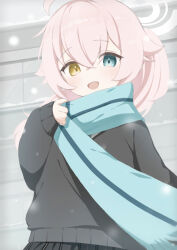 Rule 34 | 1girl, :d, absurdres, adjusting scarf, aged down, ahoge, black skirt, black sweater, blue archive, blue necktie, blue scarf, commentary request, hair between eyes, halo, heterochromia, highres, hoshino (blue archive), long hair, long sleeves, looking at viewer, necktie, official alternate costume, official alternate hairstyle, open mouth, pink hair, plaid, plaid skirt, pleated skirt, ponytail, rucha (dokkanhanabi), scarf, school uniform, shirt, sidelocks, skirt, smile, snowing, solo, sweater, white shirt, wind, winter uniform