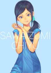 Rule 34 | 1girl, :p, black hair, blue background, blue dress, blue eyes, blue nails, blue scrunchie, character name, closed mouth, cowboy shot, dress, hair ornament, hair over shoulder, hair scrunchie, healin&#039; good precure, jj (ssspulse), long hair, looking at viewer, low ponytail, nail polish, parted bangs, ponytail, precure, sawaizumi chiyu, scrunchie, simple background, sleeveless, sleeveless dress, smile, solo, standing, tongue, tongue out
