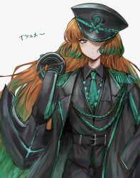 Rule 34 | 1girl, absurdres, aiguillette, anchor, belt, black belt, black coat, black gloves, black hat, black pants, black vest, closed mouth, coat, colored tips, e.g.o (project moon), epaulettes, gloves, gradient hair, green hair, green necktie, hand in pocket, hand up, hat, highres, holding, holding anchor, ishmael (project moon), limbus company, long hair, long sleeves, looking at viewer, military hat, multicolored hair, na-gyou (nunumaru), necktie, orange hair, pants, peaked cap, project moon, sidelocks, simple background, solo, very long hair, vest, white background