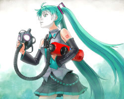 Rule 34 | 1girl, aqua eyes, aqua hair, bare shoulders, detached sleeves, fire extinguisher, fire hydrant, gas mask, hair ornament, hatsune miku, highres, holding, itou (onsoku tassha), long hair, mask, unworn mask, nail polish, necktie, pleated skirt, simple background, skirt, solo, strap, tattoo, tube, twintails, very long hair, vocaloid