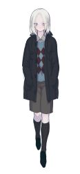 Rule 34 | 1boy, bags under eyes, black coat, blue eyes, coat, full body, hands in pockets, highres, kirudai, male focus, original, short hair, shorts, simple background, socks, solo, sweater, trap, white background, white hair