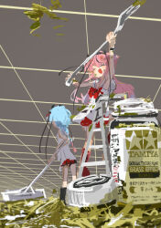 Rule 34 | &gt; &lt;, 2others, absurdres, arm up, armpits, black hair, blue hair, bow, bowtie, braid, braided ponytail, broom, cleaning, commentary, dirty, dirty clothes, dress, facing away, fork, gold, grid, gynoid talk, highres, hikimayu, holding, holding broom, holding fork, horns, jar, kabuyama kaigi, ladder, long hair, meika hime, meika mikoto, mini person, minigirl, multicolored hair, multiple others, on ladder, open mouth, pink hair, product placement, red bow, red bowtie, red skirt, sailor collar, skirt, sleeveless, sleeveless dress, smile, standing, streaked hair, sweeping, tamiya incorporated, two-handed, v-shaped eyebrows, vocaloid, white dress, white sailor collar