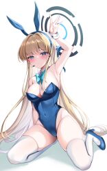 Rule 34 | 1girl, animal ears, arm up, armpits, blonde hair, blue archive, blue eyes, blue leotard, bow, bowtie, breasts, commentary request, detached collar, fake animal ears, halo, headset, high heels, highres, katsushika pachi, leotard, long hair, looking at viewer, medium breasts, official alternate costume, playboy bunny, rabbit ears, solo, strapless, strapless leotard, thighhighs, toki (blue archive), toki (bunny) (blue archive), very long hair, white thighhighs, wrist cuffs