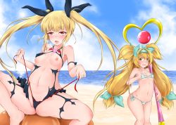 Rule 34 | 2girls, beach, bikini, black bow, blazblue, blonde hair, blue bow, blush, bow, breasts, breasts out, cloud, day, hair bow, hairband, long hair, masturbation, muchourin, multiple girls, multiple hair bows, navel, nipples, outdoors, platinum the trinity, pussy, pussy peek, quad tails, rachel alucard, red eyes, revealing clothes, sky, small breasts, staff, swimsuit, tongue, twintails, valiant1227