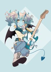 Rule 34 | 1girl, blonde hair, blue eyes, blue hair, blue pants, blue skin, blush, bomber jacket, boots, closed mouth, colored skin, demon horns, demon tail, demon wings, earrings, flying, full body, guitar, highres, holding, holding instrument, horns, instrument, jacket, jewelry, looking at viewer, multicolored hair, music, original, pants, personification, playing instrument, samei ikusa, smile, solo, tail, twintails, two-tone hair, wings, yellow eyes
