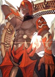 Rule 34 | 1boy, abs, absurdres, ashwatthama (fate), chakram, commentary request, cowboy shot, dark-skinned male, dark skin, fate/grand order, fate (series), gauntlets, grin, highres, male focus, manly, muscular, over shoulder, pectorals, red hair, smile, solo, topless male, weapon, weapon over shoulder, yellow eyes, yoshio (55level)