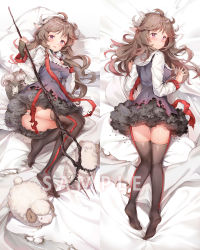 Rule 34 | 1girl, ahoge, ahoge wag, animal, arknights, ass, bed sheet, black gloves, blush, breasts, brown hair, burnt clothes, closed mouth, commentary request, dakimakura (medium), dress, expressive hair, eyjafjalla (arknights), frilled dress, frills, full body, gloves, half gloves, highres, holding, holding staff, hood, hood down, hooded dress, horns, long hair, looking at viewer, lying, multicolored clothes, multicolored dress, on bed, on side, open mouth, panties, pillow, purple dress, purple eyes, sheep, sheep horns, sheep tail, smile, solo, staff, tail, taro (ultrataro), thighhighs, torn clothes, torn dress, underwear, white dress, white panties, zettai ryouiki