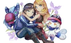 Rule 34 | 1boy, 1girl, blonde hair, blue jacket, boots, brown footwear, calem (pokemon), closed mouth, clothed pokemon, commentary request, creatures (company), eyelashes, flower, game freak, gen 6 pokemon, green eyes, grey eyes, hat, holding, holding clothes, holding hat, huan li, jacket, long hair, looking up, meowstic, meowstic (female), meowstic (male), nintendo, pants, pleated skirt, pokemon, pokemon (creature), pokemon xy, purple flower, red skirt, serena (pokemon), shirt, short hair, sitting, skirt, sleeveless, sleeveless shirt, smile, sunglasses, twitter username