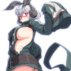 Rule 34 | 1girl, ass, breasts, clothing cutout, glasses, kikazaru (last period), large breasts, last period, looking at viewer, looking back, magaki ryouta, red eyes, short hair, side cutout, sideboob, silver hair, solo, standing, tagme