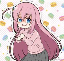 Rule 34 | 1girl, blue eyes, bocchi the rock!, commentary request, cube hair ornament, food-themed background, gotoh hitori, grey skirt, hair between eyes, hair ornament, jacket, long hair, mitya, nervous smile, one side up, parted lips, pink hair, pink jacket, pleated skirt, polka dot, polka dot background, skirt, smile, solo, sweat, track jacket, trembling, turn pale, twitter username, very long hair, wavy mouth, white background