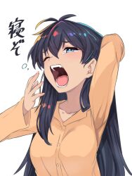 Rule 34 | 1girl, alternate hairstyle, antenna hair, arm up, black hair, blue eyes, breasts, brown pajamas, collarbone, cropped arms, fang, ganaha hibiki, hand up, highres, idolmaster, idolmaster (classic), idolmaster million live!, idolmaster million live! theater days, long hair, long sleeves, looking at another, medium breasts, one eye closed, open hand, open mouth, pajamas, simple background, sleepy, solo, sutora binsuke, tears, teeth, tongue, translated, upper body, white background, yawning
