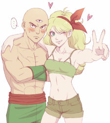Rule 34 | ..., 1boy, 1girl, abs, aonekonotorso, arm around neck, bad id, bad pixiv id, bald, black eyes, blonde hair, blush, breasts, cleavage, collarbone, crop top, crossed arms, dragon ball, fang, green eyes, grin, hair ribbon, hairband, heart, lunch (bad) (dragon ball), lunch (dragon ball), md5 mismatch, muscular, navel, one eye closed, resolution mismatch, ribbon, scar, short shorts, shorts, smile, source smaller, speech bubble, sweatdrop, tenshinhan, third eye, topless male, v, wristband