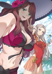 Rule 34 | 2girls, absurdres, bikini, breasts, cleavage, cloud, commission, commissioner upload, cup, dorothea arnault, dorothea arnault (summer), edelgard von hresvelg, edelgard von hresvelg (summer), fire emblem, fire emblem: three houses, fire emblem heroes, hand in own hair, hat, highres, holding, holding cup, large breasts, looking at viewer, midriff, multiple girls, mzrz, nintendo, official alternate costume, one-piece swimsuit, open mouth, red one-piece swimsuit, selfie, sky, smile, swimsuit, tree, v