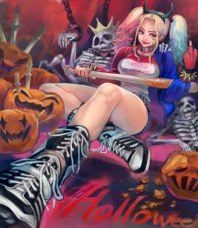 Rule 34 | 1girl, bad id, bad pixiv id, baseball bat, batman (series), belt, blonde hair, blue eyes, blue hair, boots, bracelet, breasts, choker, cross-laced footwear, dc comics, demon horns, fake horns, halloween, harley quinn, highres, hira (pixiv422561), horns, jewelry, lace-up boots, large breasts, lipstick, long hair, looking at viewer, makeup, matching hair/eyes, middle finger, multicolored hair, shorts, sitting, skeleton, solo, spiked bracelet, spikes, studded belt, suicide squad, twintails