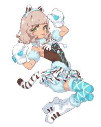 Rule 34 | 1girl, :p, animal ear hairband, animal ears, animal hands, animal print, blue thighhighs, boots, bow, breasts, brown hair, brown shirt, cat ear hairband, cat ears, dark-skinned female, dark skin, detached sleeves, fake animal ears, fugota6509, full body, fur-trimmed boots, fur-trimmed thighhighs, fur collar, fur trim, gloves, hairband, hands up, highres, idol clothes, looking at viewer, paw gloves, pom pom (clothes), pretty series, pripara, shirt, short hair, simple background, skirt, small breasts, smile, solo, tail, taiyo pepper, thighhighs, tiger print, tongue, tongue out, white background, white bow, white footwear, white skirt