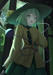 Rule 34 | 1girl, black hat, buttons, collared shirt, corded phone, diamond button, frilled shirt collar, frilled sleeves, frills, fuka kurotsuji, green eyes, green hair, green skirt, hair between eyes, hat, hat ribbon, highres, holding, holding knife, knife, koishi day, komeiji koishi, open mouth, outdoors, phone, phone booth, ribbon, shirt, short hair, skirt, sleeves past fingers, sleeves past wrists, smile, solo, touhou, wide sleeves, yellow ribbon, yellow shirt