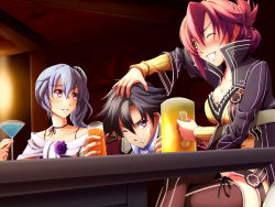 Rule 34 | 1boy, 2girls, alcohol, alternate costume, annoyed, beer, beer mug, belt, black hair, blue hair, blush, breasts, brown eyes, claire rieveldt, cleavage, cocktail glass, collar, cup, drinking glass, drunk, eiyuu densetsu, eyebrows, falcom, flower, formal, frills, frown, hair between eyes, hair ornament, hand on another&#039;s head, holding, holding drinking glass, indoors, looking at another, military, military uniform, mug, multiple girls, official alternate costume, one eye closed, parted lips, pink hair, purple eyes, rean schwarzer, sara valestein, school uniform, sen no kiseki, sitting, smile, spiked hair, sweat, sweatdrop, table, teacher and student, teasing, teeth, thighhighs, thighs, uniform, window, wing collar, wink