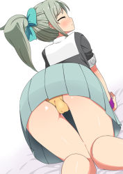 Rule 34 | 1girl, all fours, ass, bed sheet, black shirt, blue bow, blue skirt, blush, bow, cameltoe, dutch angle, embarrassed, closed eyes, female focus, from behind, green hair, hair bow, hair ornament, kantai collection, knees together feet apart, minamimachi naname, panties, pleated skirt, ponytail, shirt, short sleeves, simple background, skirt, solo, underwear, upskirt, white background, wristband, yellow panties, yuubari (kancolle)